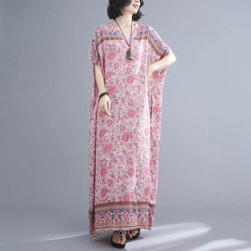 

Vintage Summer Pink Floral Print Long Dresses For Women Oversize Loose Casual Bohemian Sundress Female Beach Large Size Dress