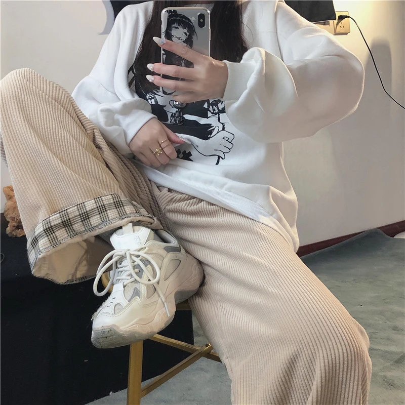 Винтажные женские вельветовые брюки JMPRS обжимные клетчатые широкие с эластичным