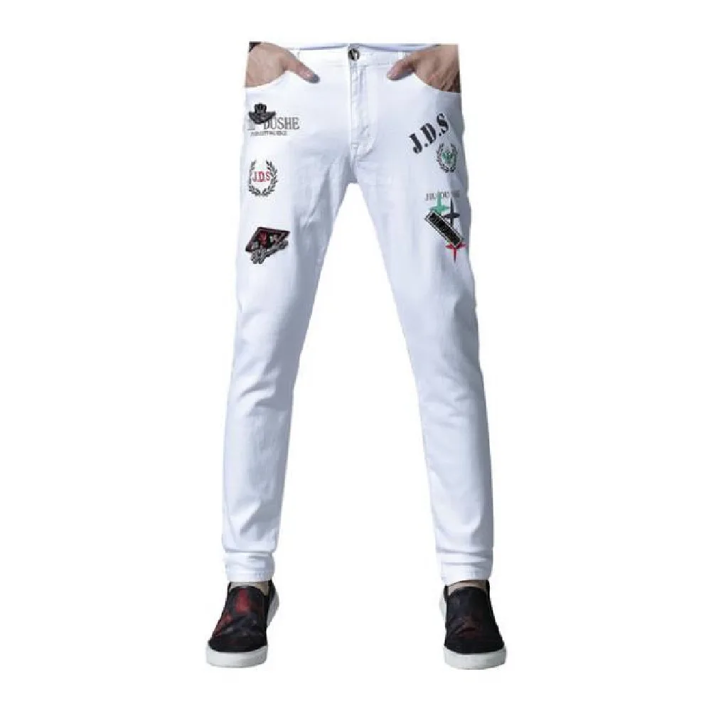

Men's Jeans New summer thin youth jeans European and American fashion badge embroidered white Casual Hip-hop straight leg jeans