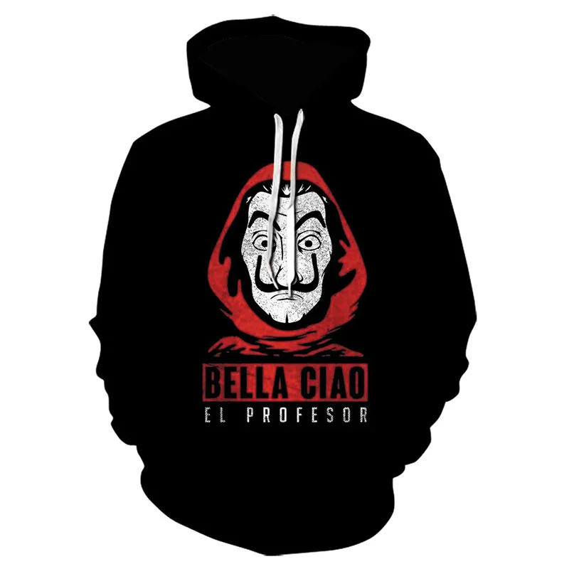 

2021 New 3D Print TV Series Paper Money Heist Hoodie Professor Streetwear Comfortable Jogging Casual Men's Black Hoodie