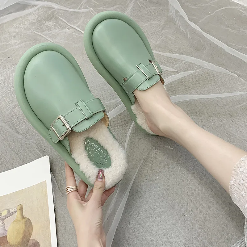 Брендовая зимняя женская винтажная кожаная обувь; дизайнерская шерстяная обувь для девушек; Вьетнамки с закрытым носком; шикарная Женская Теплая обувь на низком каблуке