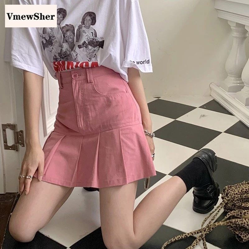 

VmewSher New Casual Spring Summer Women Skirts Mini Pleated Pink Solid Cute Female Fashion High Waist Sexy Short Black Skirts