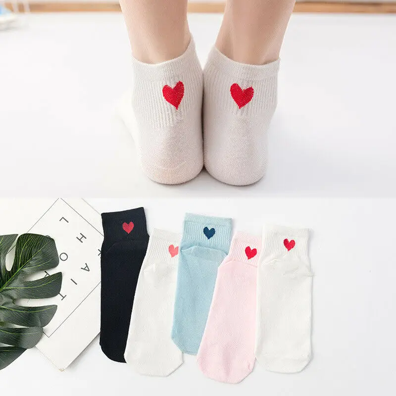 

Модные милые хлопковые носки в корейском и японском стиле Харадзюку, Женские однотонные короткие носки с сердечками для дам, забавные носки...