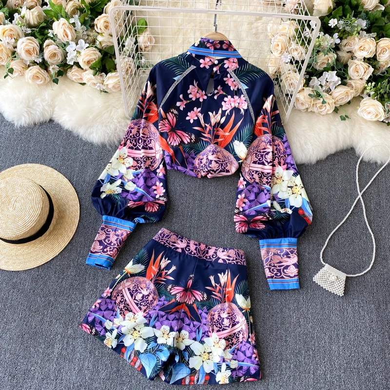 2021fashion chic two piece set womens suit printed long sleeve blouse tops and high waist shorts female office suit outfits free global shipping