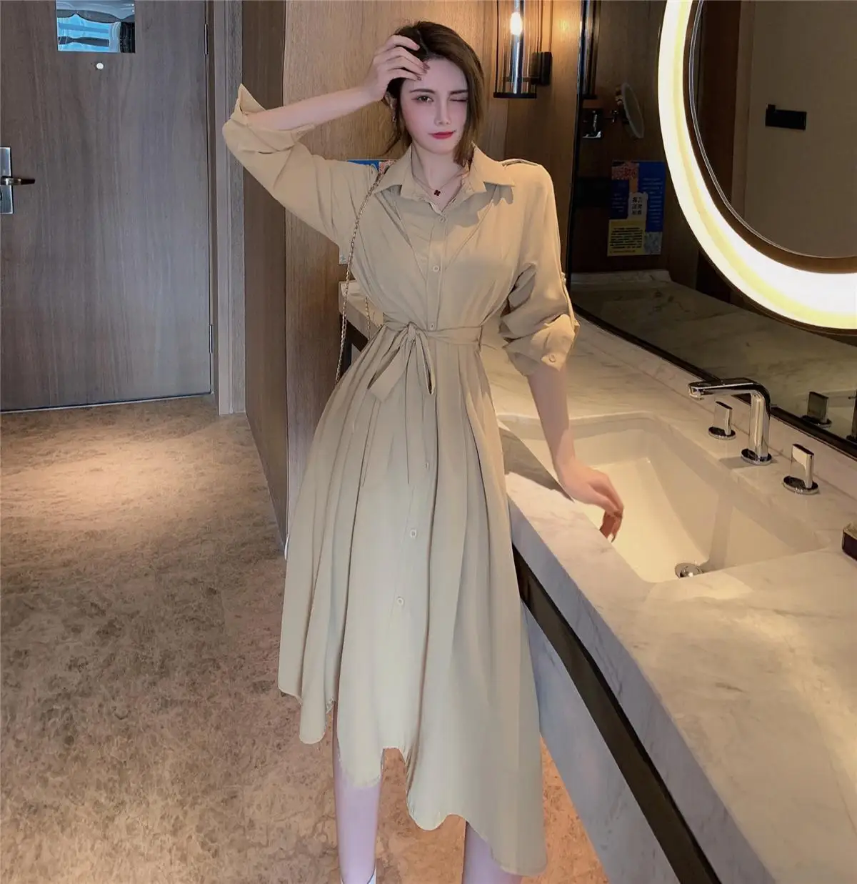 

Spring New Shirt Dress For Women Turn-Down Collar Long Sleeve Button Up Office Lady Vintage Elegant Solid Color Sashes Dress