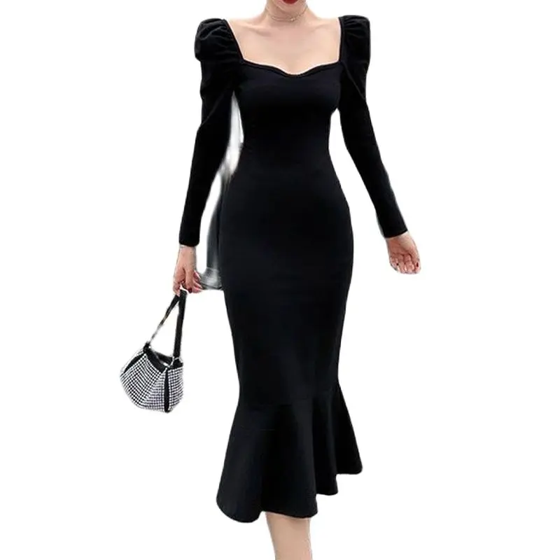 

2022 spring elegant dress female black sexy temperament dress skirt French retro square collar long sleeve skirt