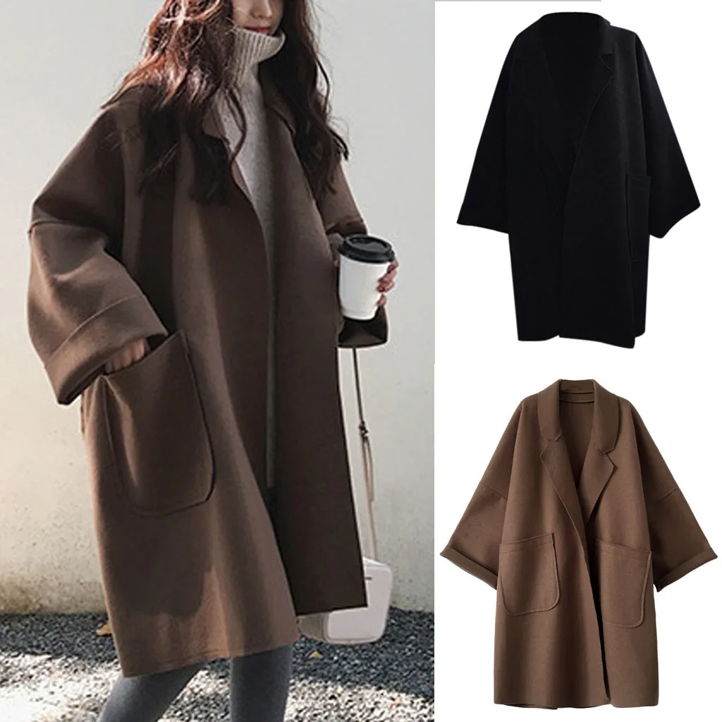 

2019 Elegant Winter Women Long Coat Jacket Ladies Solid Long Sleeve Pocket Cardigan Casual Loose Sweater Coats Tops Trench Coat