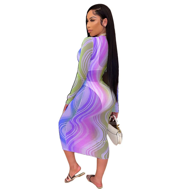 

Women Printed Summer Mesh Tie Dye Gradient Sexy See Through Dress