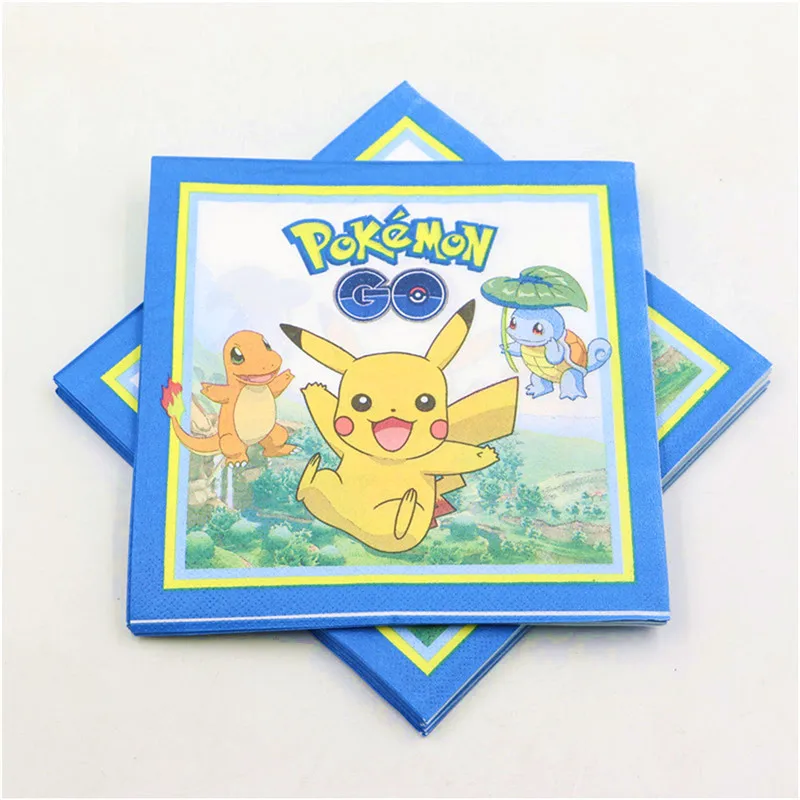 Napkin-20pcs Pokemon Birthday Party Supplies Tableware Set Party Paper Plates Cup Napkins Pokemon Party Balloon Decorations Hats Flags Candle - Color: Napkin-20pcs