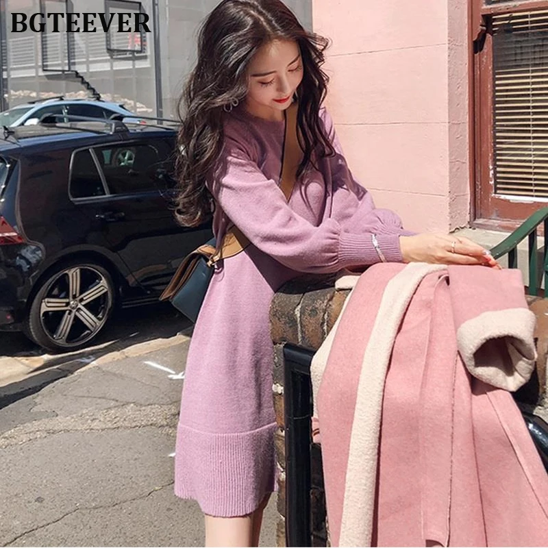 Повседневное женское платье-свитер с круглым вырезом и рукавом-фонариком