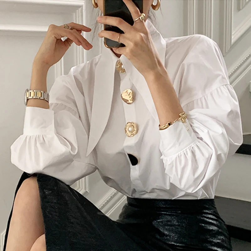 

Getspring Women Shirt Lantern Sleeve Cotton White Female Blouses Tops Long Sleeve Casual Vintage Shirt Women 2021 Fashion