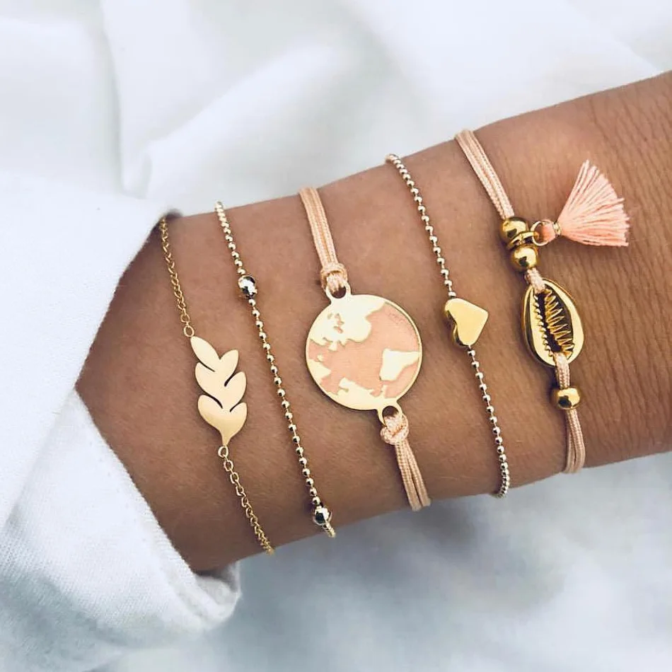 

5Pcs/ Set Boho Gold Love Shell Bracelets Set for Women Beads Arrow Party Pink Map Tassels Rope Bracelet Fashion Female Jewelry