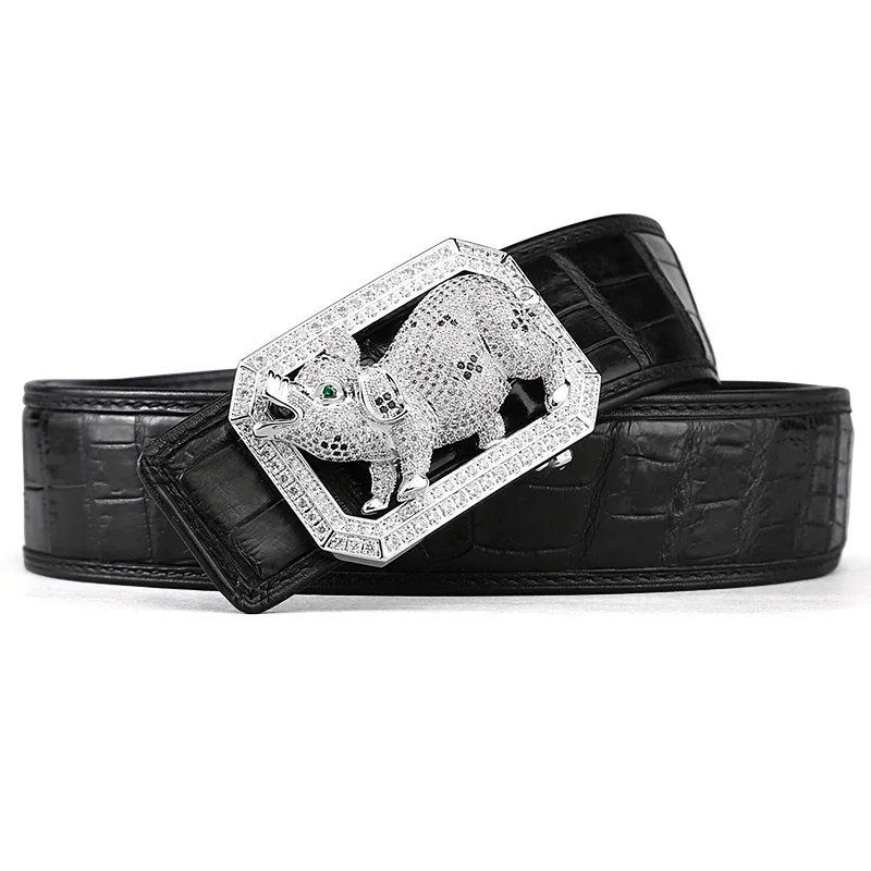 pig black McParko Crocodile Belt Mens Leather Belts With Buckle Luxury Animal Design Genuine Leather Waist Belt with rhinestones Buckle - Цвет: pig black