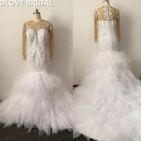 high quality mermaid wedding dress illusion long sleeves ruffles skirt bridal gown factory custom made real photos