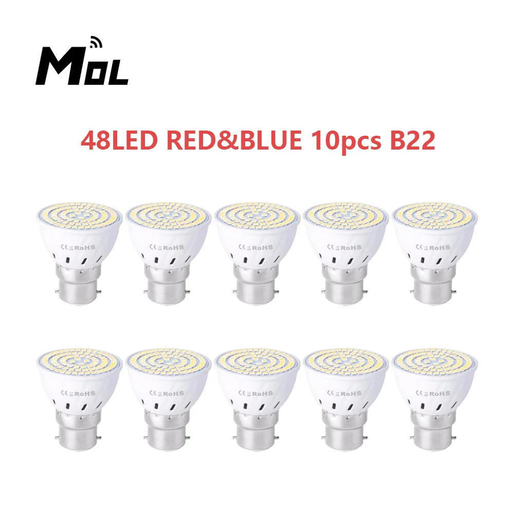 

MOL 10pcs plant lamp cup B22 plant growth 220V leds plant fill light Phyto 48 Led Grow Bulb Red Blue Spectrum