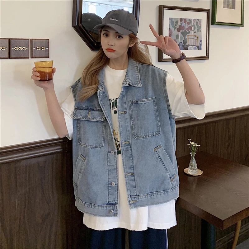 

Denim Women Vest 2021 New Korean Style Loose Wild Trend Casacos Feminino Spring Summer Casual Turn-Down Collar Chaqueta Mujer