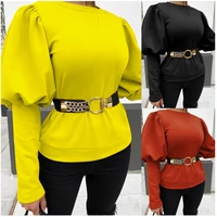 spring summer elegance retro shirt round neck long sleeve three dimensional top for women blouse with belt