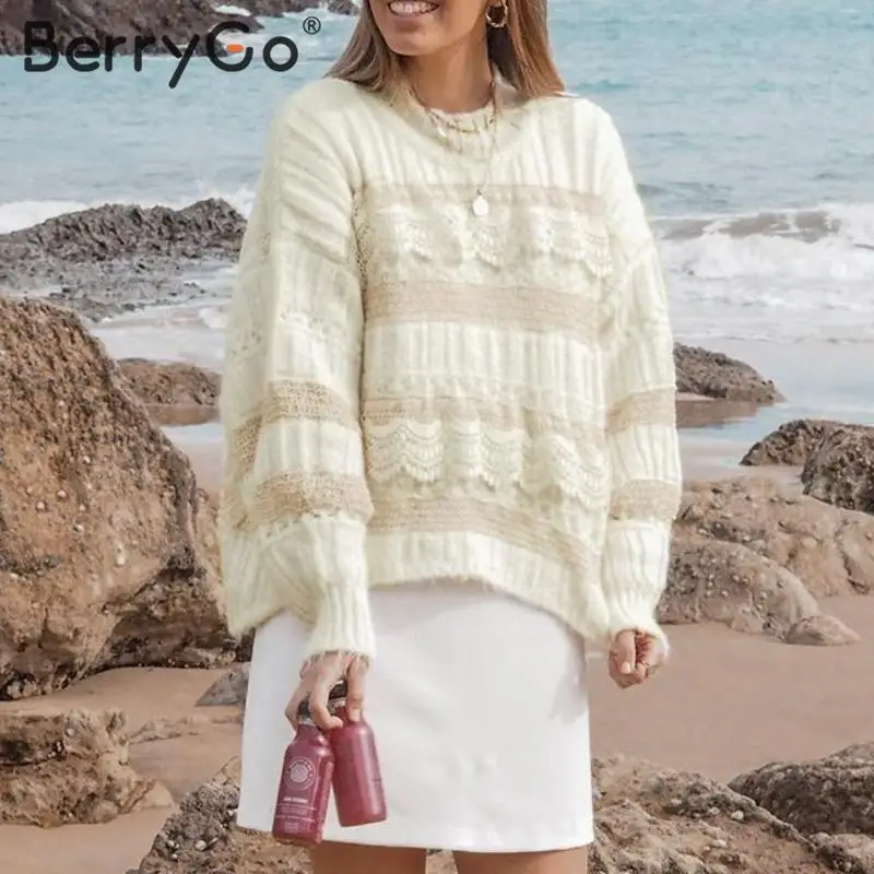 BerryGo Lace embroidery pullover sweater women Autumn winter korean female sweaters Casual streetwear ladies jumper pull |