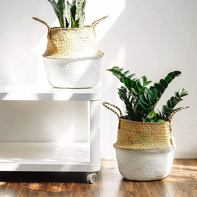 

2Pack Seagrass Plant Basket,Woven Belly Basket with Handles,Storage Laundry,Picnic,Plant Pot Cover,Home Decor