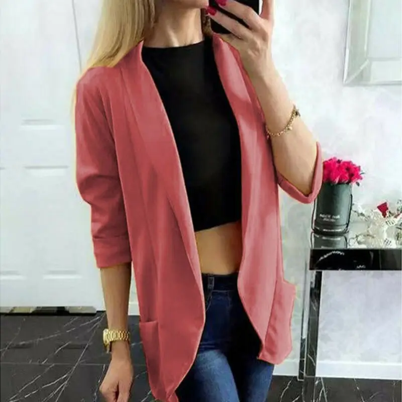 

Модная женская однотонная официальная Женская Офисная официальная куртка с длинным рукавом женское элегантное облегающее пальто верхняя ...