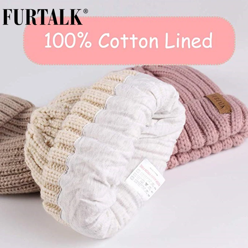 Детская шапка FURTALK, зимняя шапка для мальчиков и девочек 1-10 лет, с помпоном из меха, вязаная теплая шапка-бини