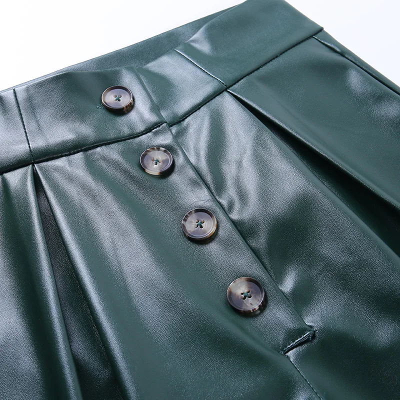 InstaHot Women Faux Leather Pant Autumn Pockets Button Loose Straight Casual Elegant Streetwear Solid Green Black Trousers | Женская