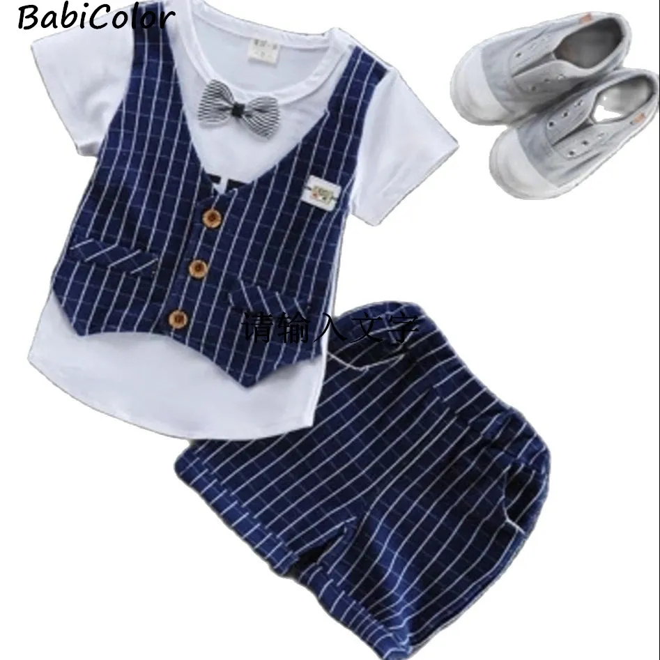 

BabiColor/комплект одежды джентльмена для маленьких мальчиков, праздничная одежда для маленьких мальчиков, летняя хлопковая Футболка с бантом +...