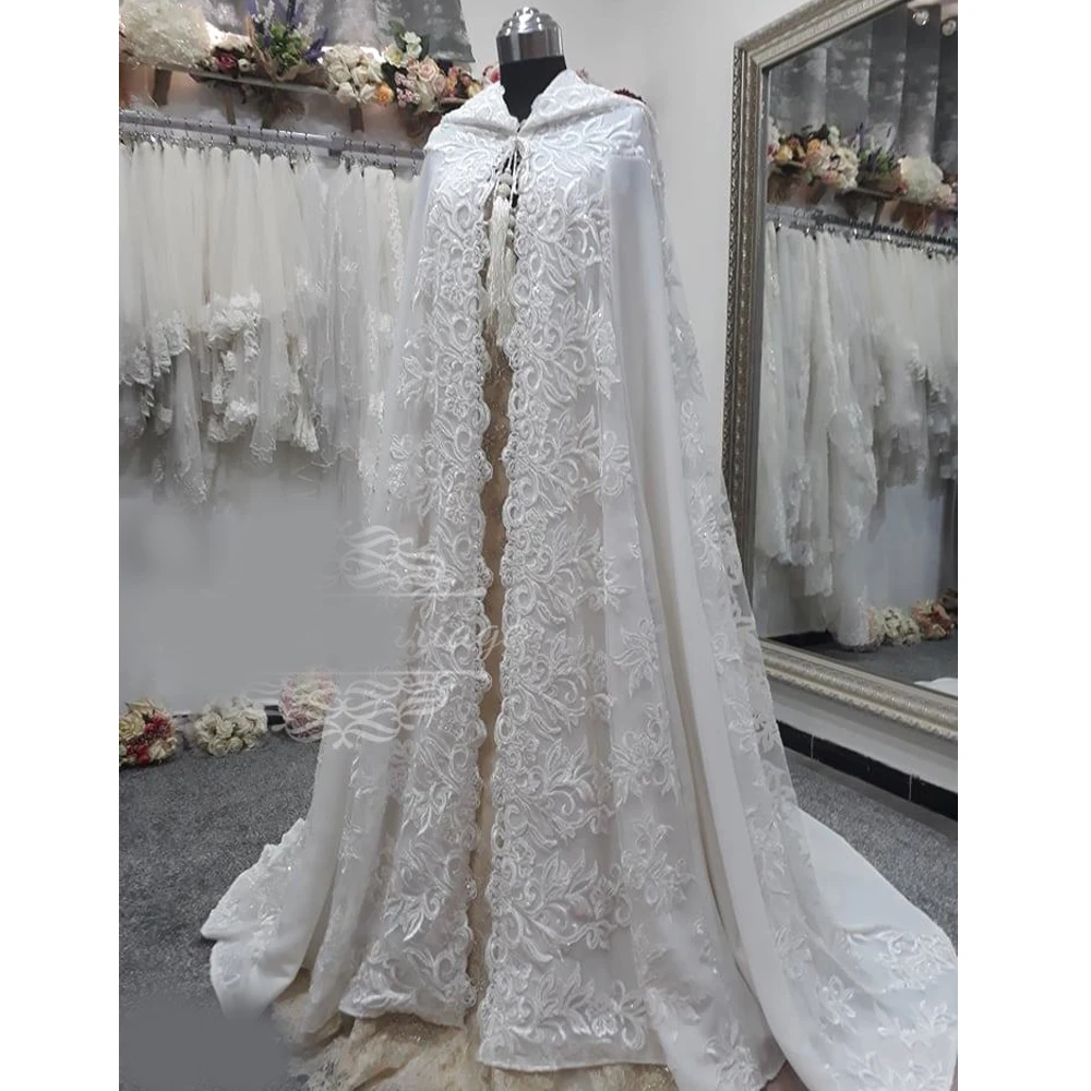 

2021 Long Wedding Capes Ivory Lace Hooded Bridal Jackets Elegant Wedding Accessories