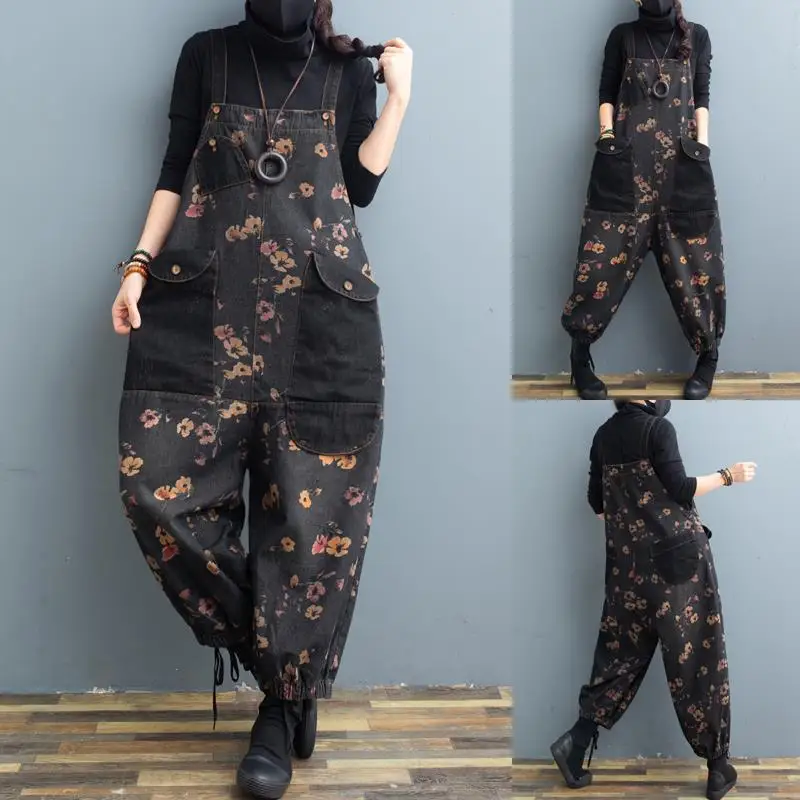 

European goods sell well in summer new denim suspenders women's big pocket loose floral pieces show thin age reducing ankle