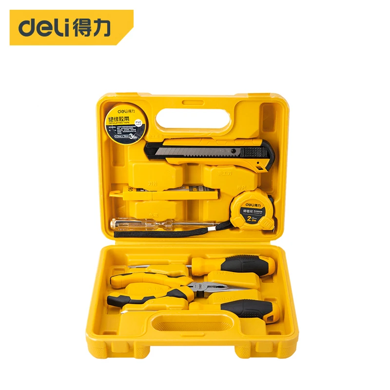 deli Home Tool Set Household Tool Kits Screwdrivers Pliers Insulating Tape Utility Knife Blade Tape Measure With Plastic Toolbox
