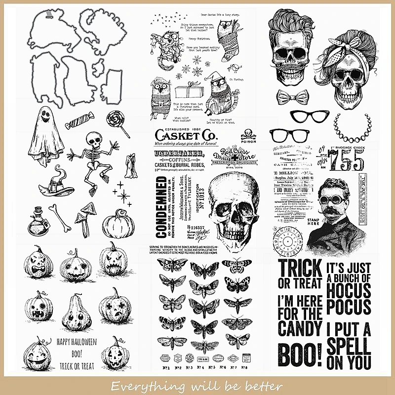 

Metal Cutting Dies Match Clear Silicone Stamps Halloween Skull Pumpkin Ghost Bone Animal Butterfly Alphabet Stencils Make Cards