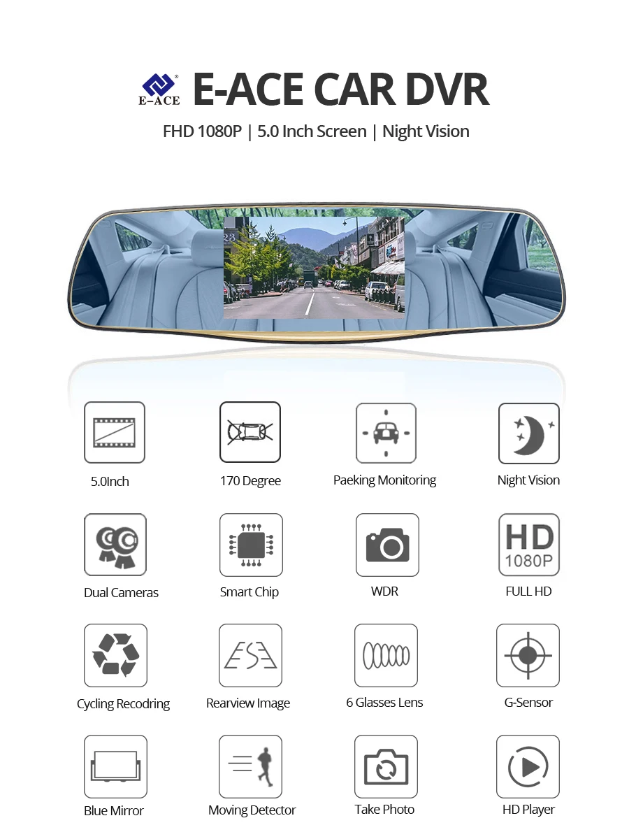 E-ACE 5.0 дюймов IPS Видеорегистраторы для автомобилей зеркало Full HD 1080 P Зеркало заднего вида Камера с Двойной объектив Автомобильный видео регистратор Авто регистраторы Ночное видение видеорегистраторы