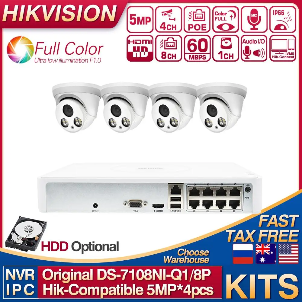 

Hikvision Compatible Kits DS-7108NI-Q1/8P 8POE NVR With 5MP Full-color IP Camera POE Built-in MIC 4pcs Plug&play CCTV System