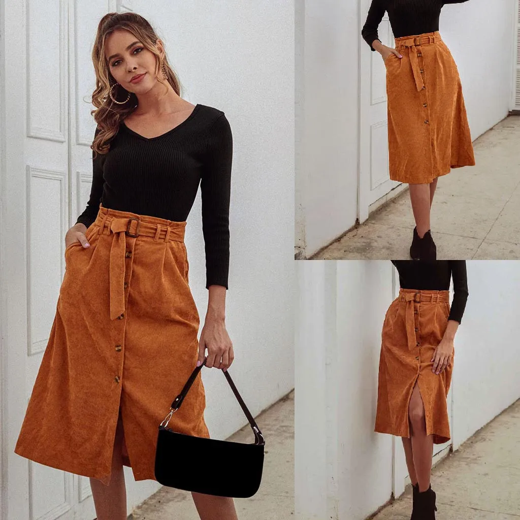 Женская Вельветовая юбка до колена с высокой талией и бантом однобортная