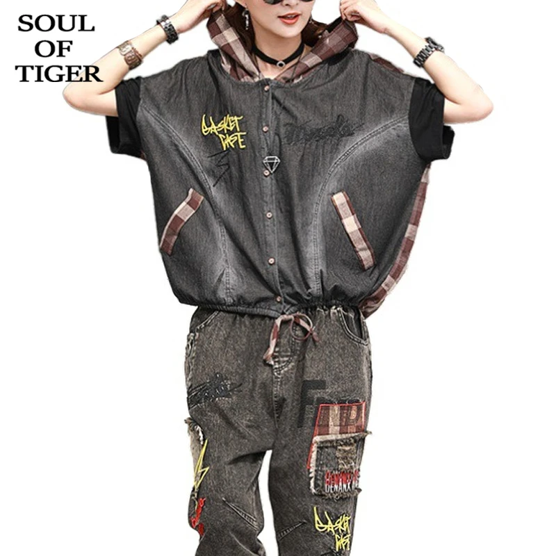 Женские джинсовые Костюмы SOUL OF TIGER винтажные клетчатые топы и брюки женские