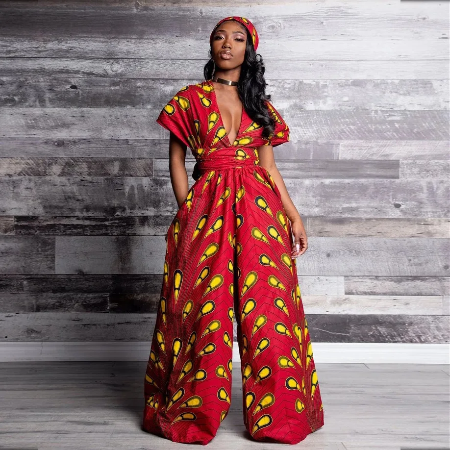 

Overalls For Women Elegant Casual Jump Suit Wide Leg Long Pants Print Feather African Clothing Off Shoulder Jumpsuits Backless