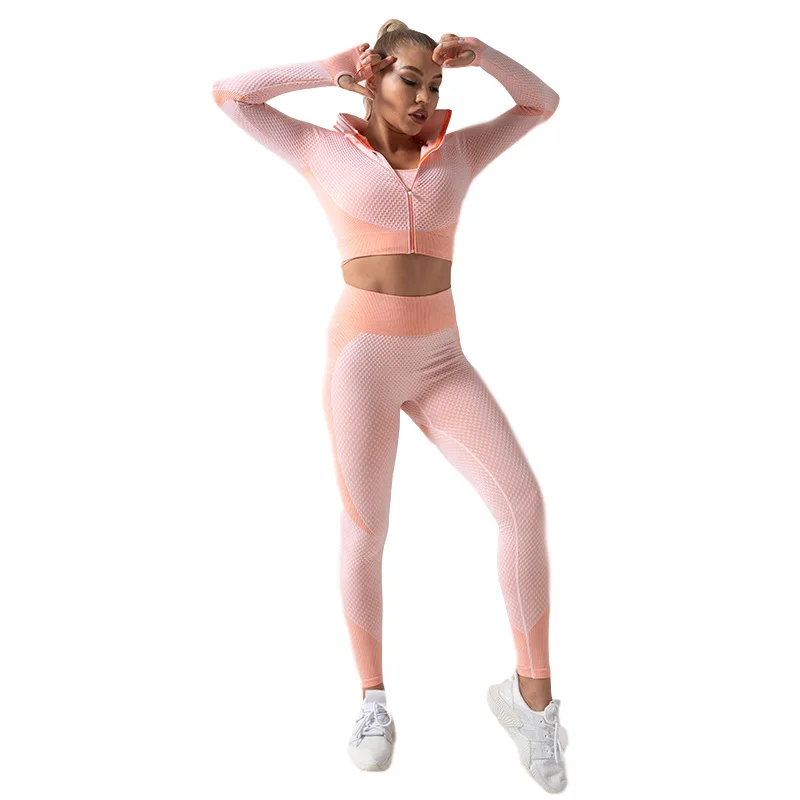 

European and American seamless fitness suit women's spring and autumn new knitted hip lifting elastic fitness set