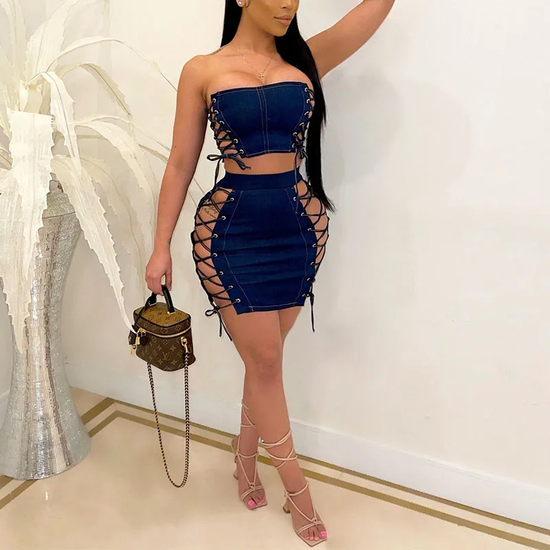 

2 Pieces Sets Women Denim Strapless Lace Up Top & Bodycon Mini Skirts