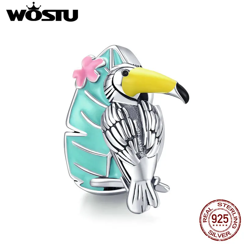 WOSTU 925 стерлингового серебра Шарм бисера Кристалл Яркий Тукан Висячие Подвески