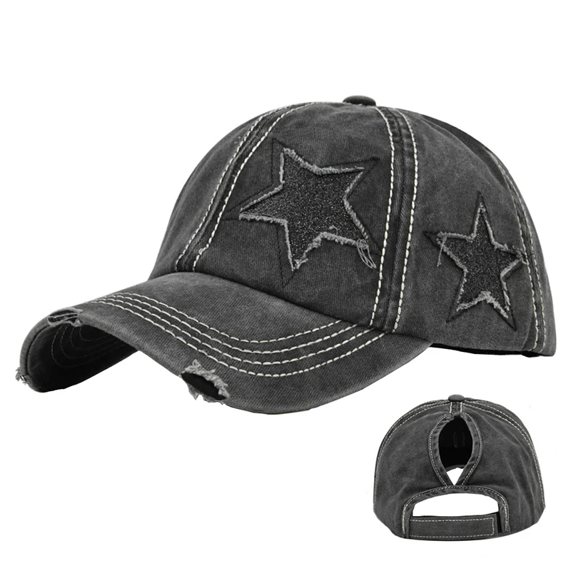 

Для женщин из стираного хлопка, "конский хвост", Женская бейсбольная кепка однотонные Цвет на открытом воздухе, шляпа от солнца, ретро пентаг...