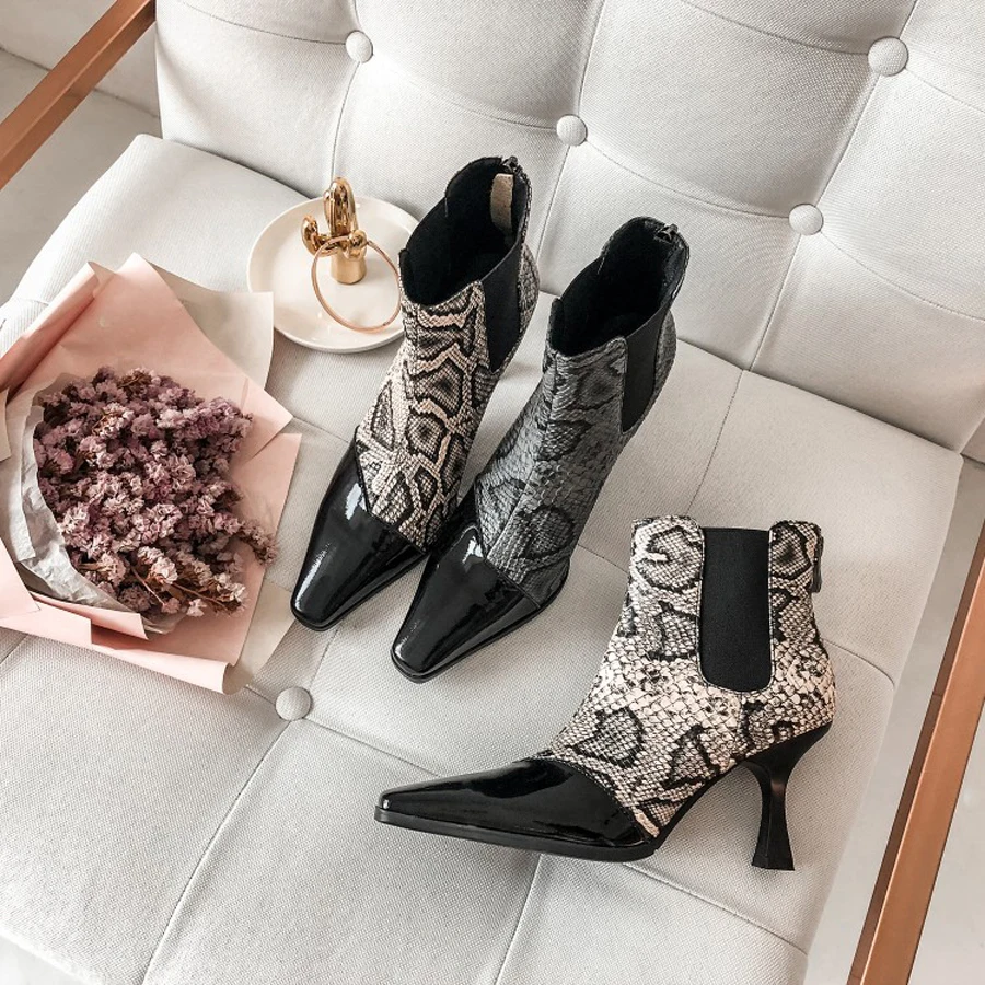 

Prova Perfetto Euramerical Patent Leather Square Toe Patchwork Women Ankle Boots Snake Skin Chelsea Boots Females Strange Heels
