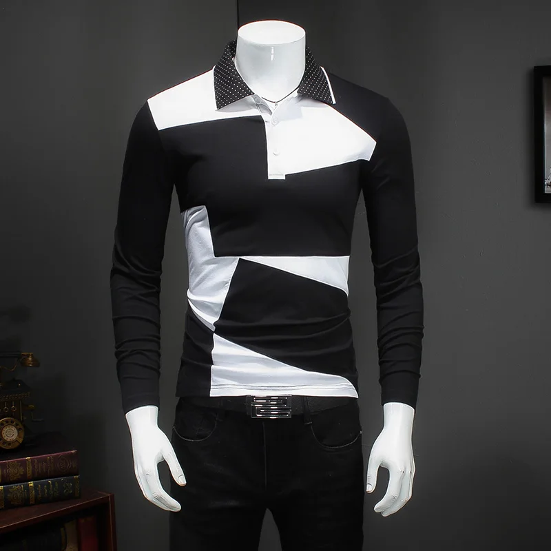 

2020 Male New Shirts Men Polo Classic Splice Casual Long Sleeve Polos Shirt Black White Jerseys Plus Size 4XL 5XL 6XL 714