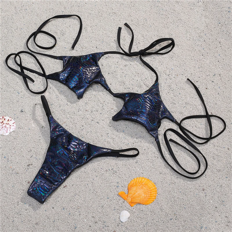

Sexy Push Up Cross Bandage 2020 Women Bikini Set Halter Pentagram Padded Wire Free Bra Solid Shiny Thong Swimming Bathing Suits