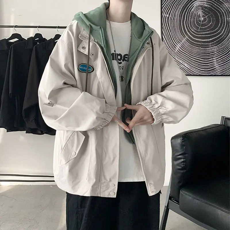 

Fake two-piece tactical jacket men's spring autumn 2022 new loose Korean Harajuku Hong Kong style baseball uniform streetwear