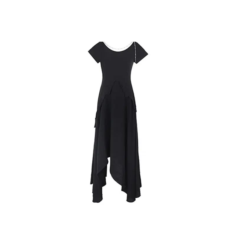 

XITAO Solid Black Slim Dress Asymmetrical Splicing Hew Fashion Metal Chain Decoration O-neck Collar Temperament Trendy LDD2087