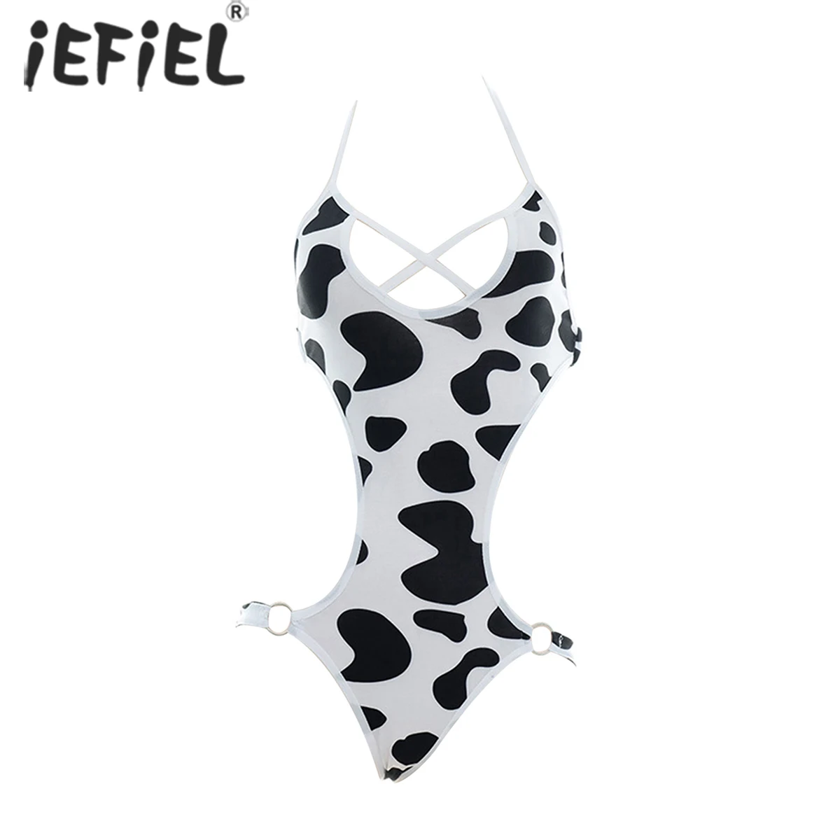 

Summer Women Skinny Sleeveless Cow Print Bodysuit Ladies Hallow Out Halter Neck Jumpsuit Leotard Lingerie Outfits Sissy Swimsuit