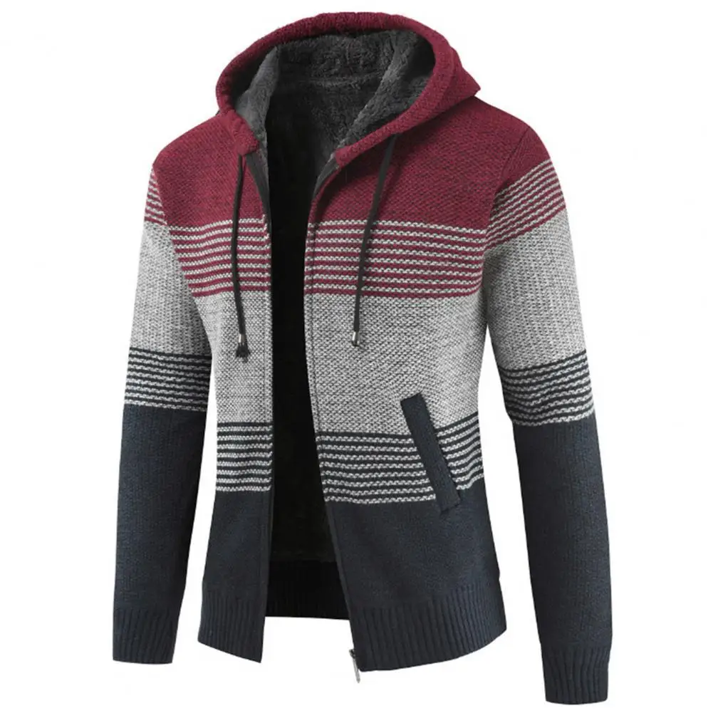 

Men Winter Color Block Stripes Pockets Zip Thick Warm Fleece Coat Knitted Jacket