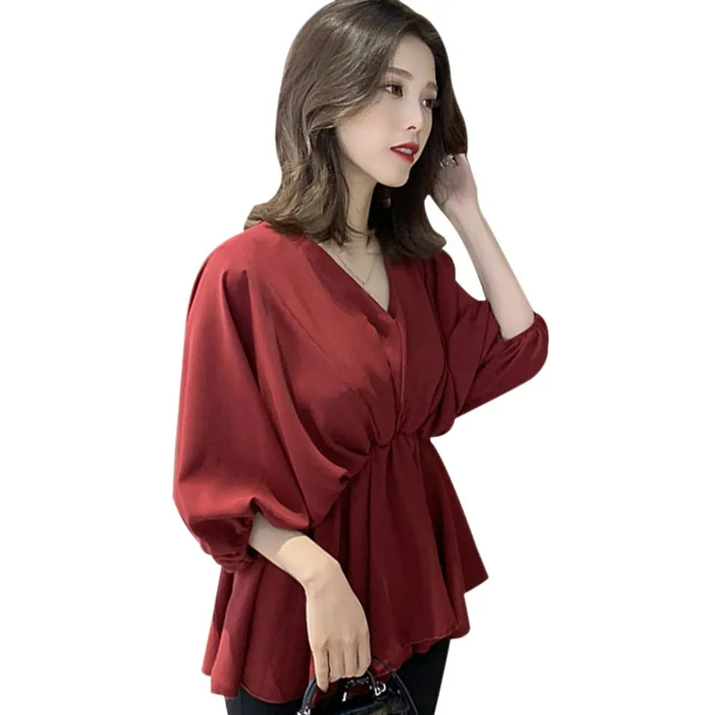 

Women Spring V-neck Elegant Blouses Lantern Sleeve Elastic Waist Blouses Shirts Office Lady Solid Color Female Chiffon Blusa