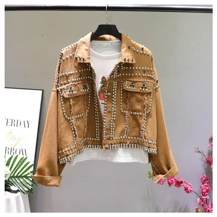 Осень Харадзюку красная джинсовая куртка Женское пальто Тяжелая ручная расшитая