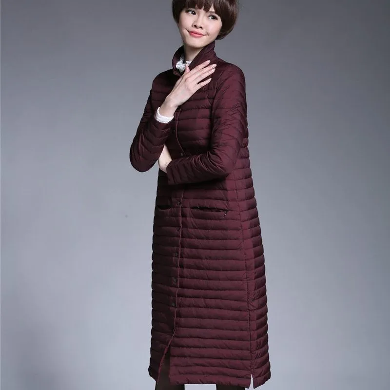 

New Solid Fashion Puffer Jacket Women Thick Warm Stand Collar Lightweight Long White Duck Down Coat Female Winter